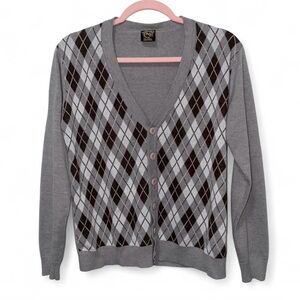 CUTE Dark Academia Downtown Girl Vintage Y2K Gray Brown & White Argyle Cardigan